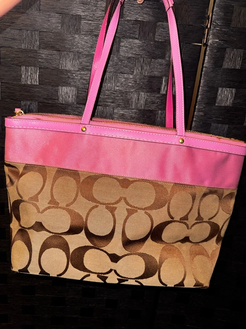Authentic Coach Khaki and Pink Signature Stripe Tote Y2k
